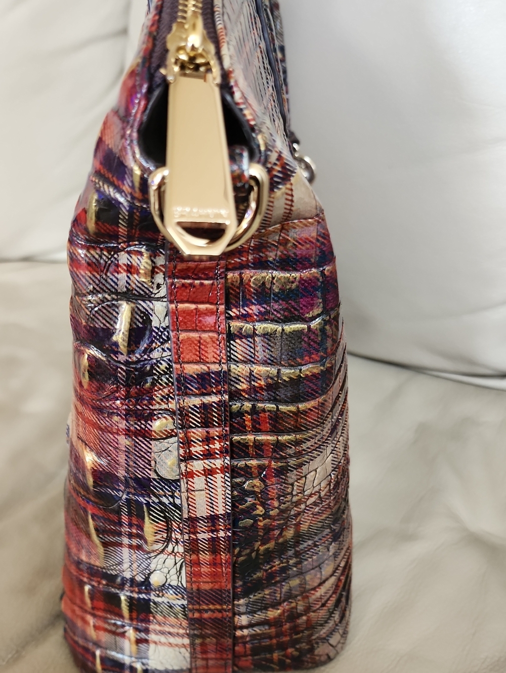 Brahmin Women's Multi-Color Plaid Croc-Embossed Satchel Preowned - Picture 6 of 12